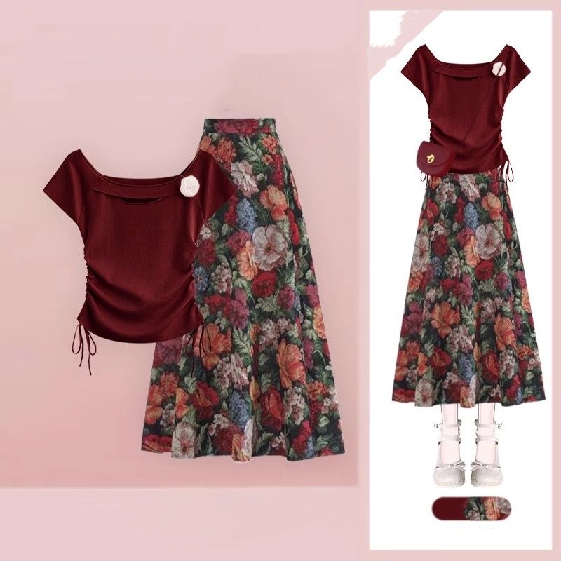 Women Lucky Wine Red T-Shirts  - огляд і ціна Midi Skirt Floral
